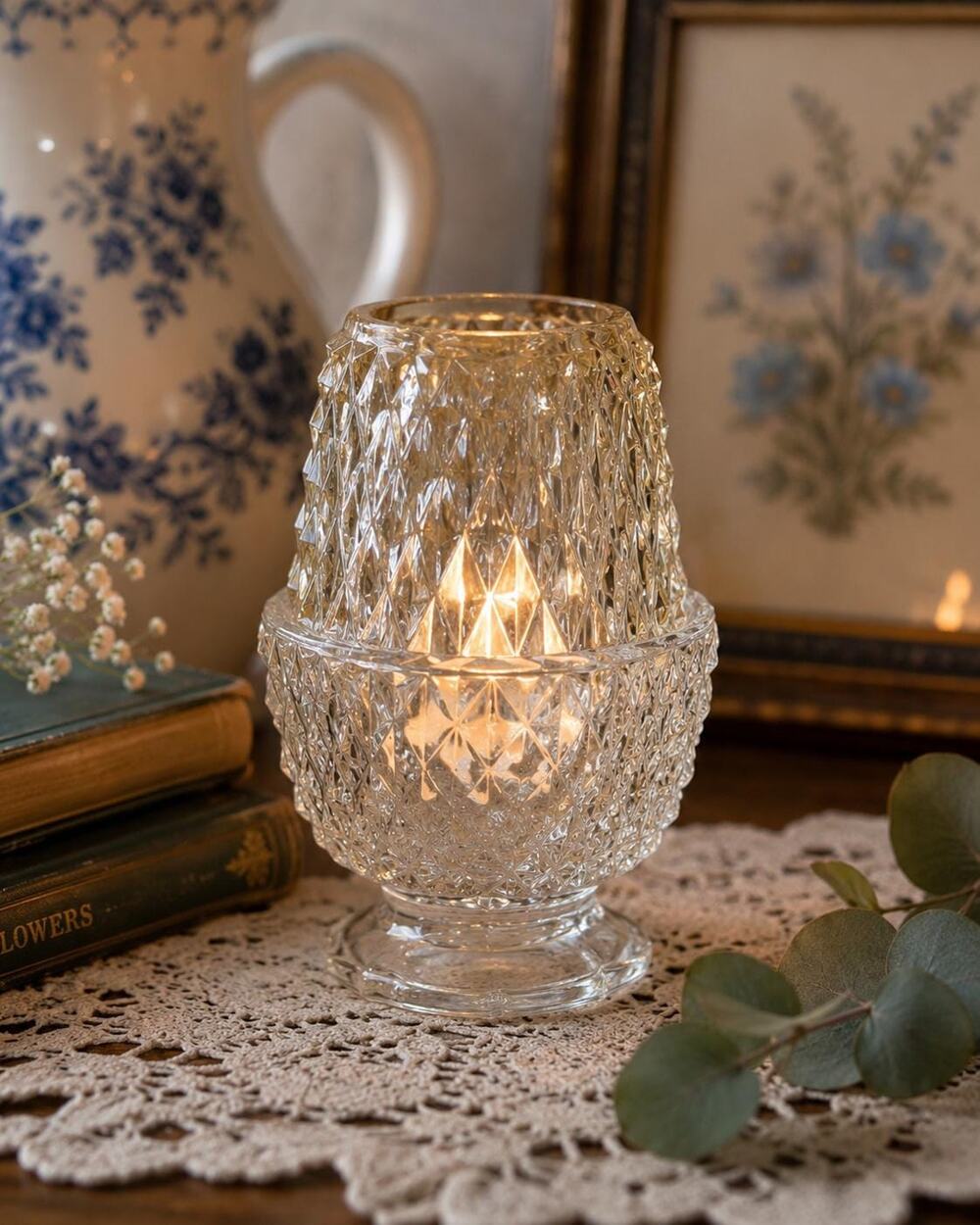 Vintage Indiana Glass Diamond Point Fairy Lamp Clear Glass Candle Holder 2 Pc